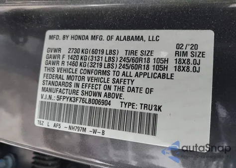 2020 Honda Ridgeline Rtl-E из США, поврежденный, VIN 5FPYK3F76LB006904